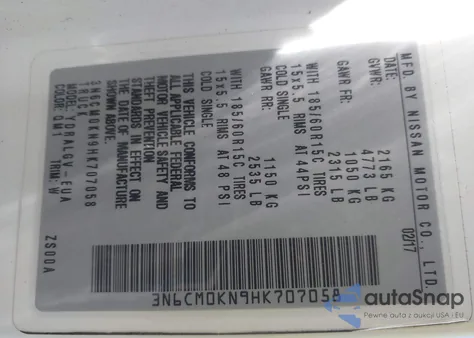 2017 Nissan Nv200 Sv z USA, uszkodzony, nr VIN 3N6CM0KN9HK707058